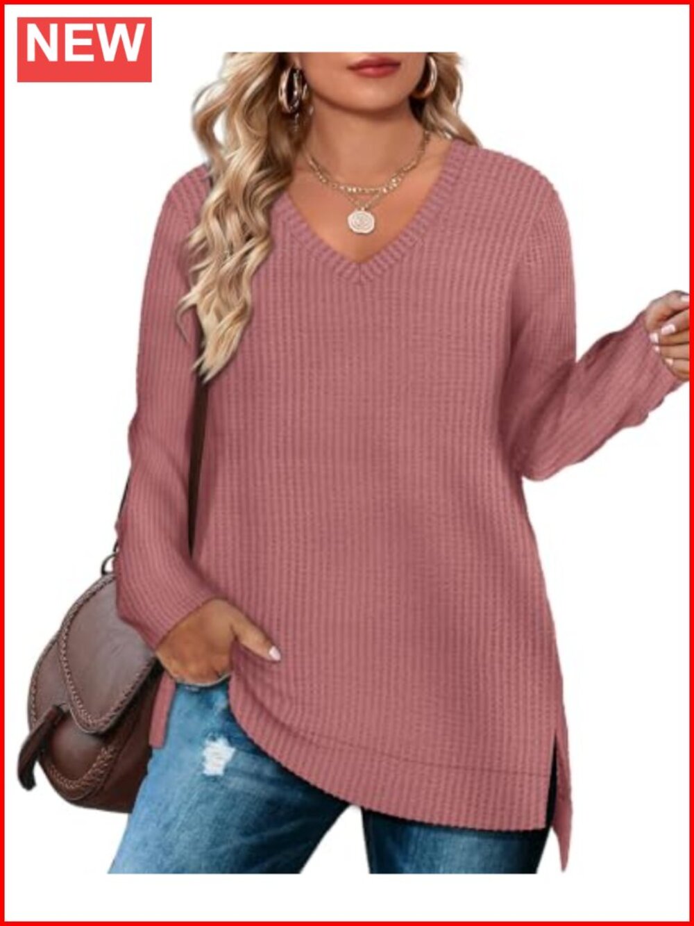 Plus Size Waffle Knit V-Neck Pullover Tunic Sweater Long Sleeve